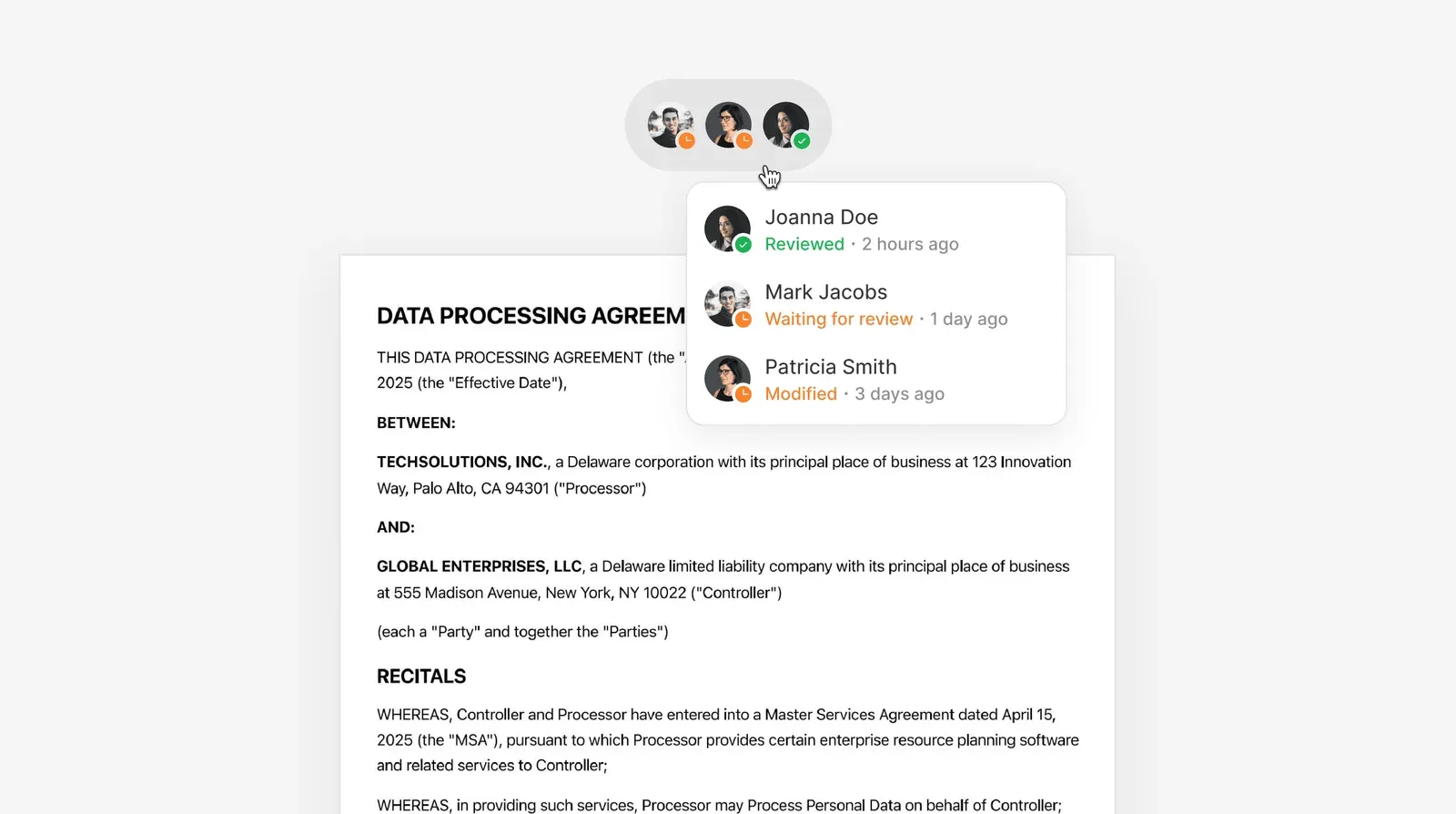 Reviewer avatars with review status next to a data processing agreement